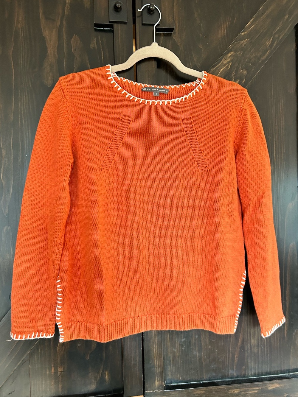 Elliott Lauren Orange Crewneck Sweater with White Whipstitch Trim